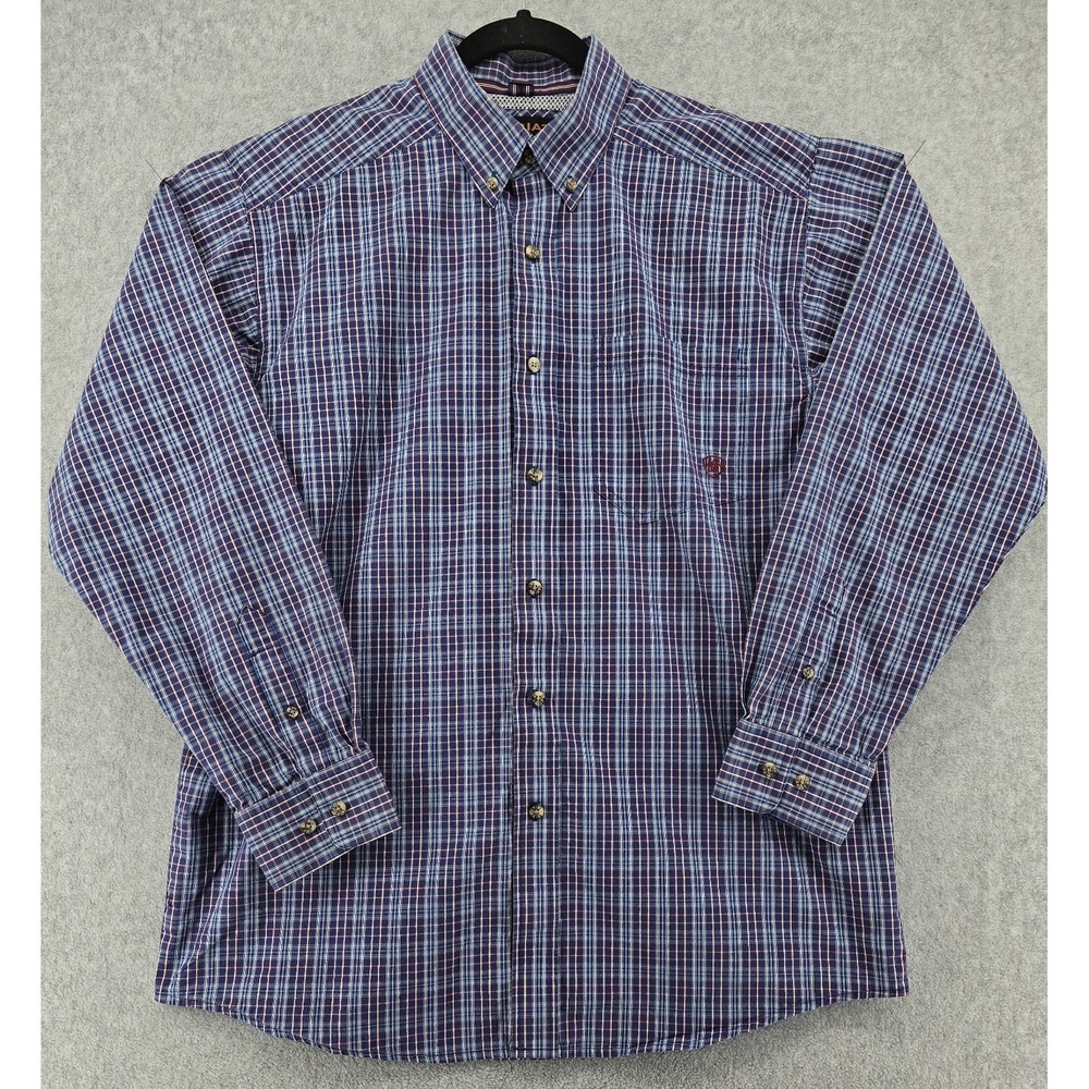 Ariat Pro Series Western Shirt Men's‎ M Button Blue Red Plaid Stretch Cowboy